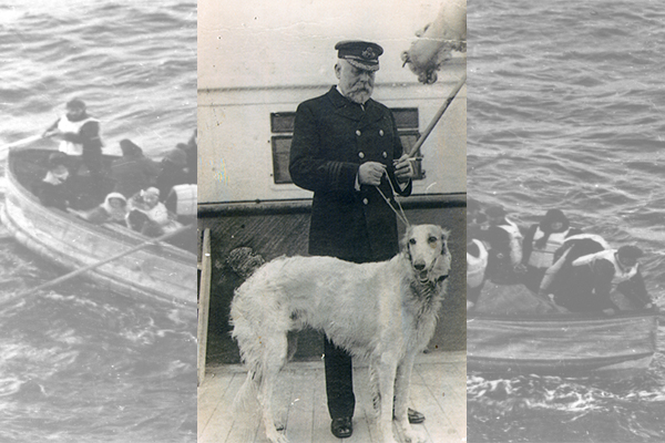 RMS Titanicin kapteeni Edward John Smith (1850–1912) venäjänvinttikoiransa Benin kanssa. Kuva on otettu saman varustamon aluksella 1900-luvun alussa. Kapteeni upposi laivansa mukana, taustakuvassa onnettomuudesta pelastuneita veneessä.